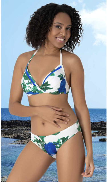 Beyaz Üzerine Mavi-Yeşil Çiçek Desenli Kadın Bikini Takımı