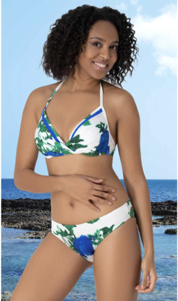 Beyaz Üzerine Mavi-Yeşil Çiçek Desenli Kadın Bikini Takımı