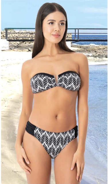 Siyah Beyaz Yaprak Desenli Straplez Bikini Takımı