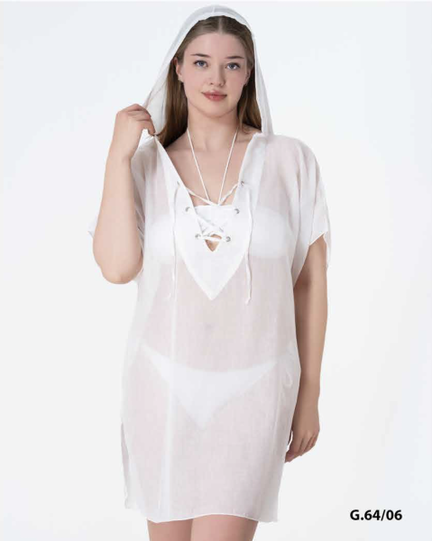 Beyaz Kapüşonlu Dantel Bağlamalı Plaj Pareosu