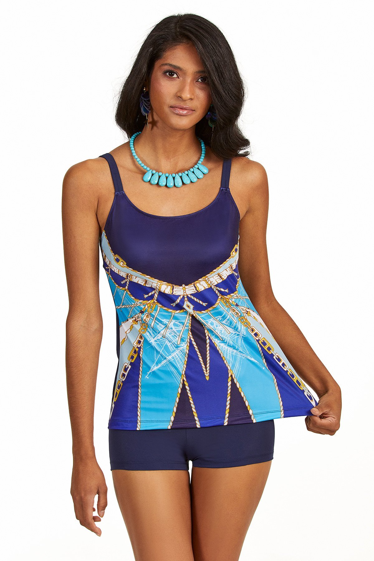 Lacivert Desenli Şortlu Tankini