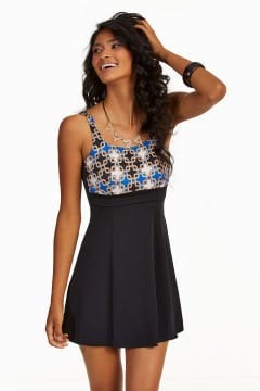 Mavi Zincir Desenli Şortlu Elbiseli Mayo